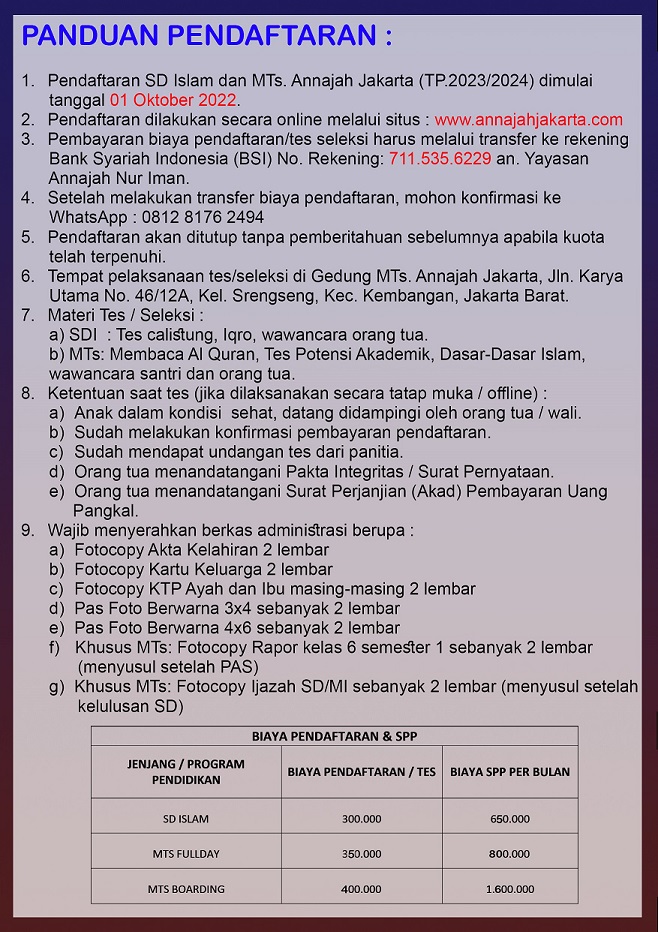 Sekolah Sunnah Jakarta Membuka Penerimaan Peserta Didik Baru SD Islam dan MTS Annajah Jakarta Tahun Pelajaran 2023/2024